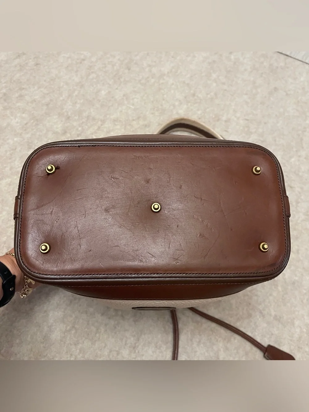 Dooney & Bourke Vintage Y2K Leather Bone/Cream with Brown Trim Bucket Bag Purse
